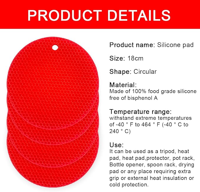 7-Inch Round Trivet Mats - 4 Pack Silicone Hot Pads, Non-Slip Heat Resistant, Dishwasher Safe, Ideal as Round Dab Mat (red)