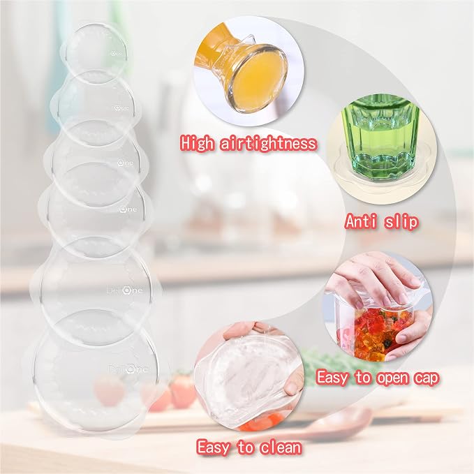 DeliOne Silicone Stretch Lids for Kitchen Food Storage – Durable, Reusable + Expandable Bowl Covers for Cup or Square Containers, Freezer, Microwave, and Dishwasher Safe, 6-Pack, Clear