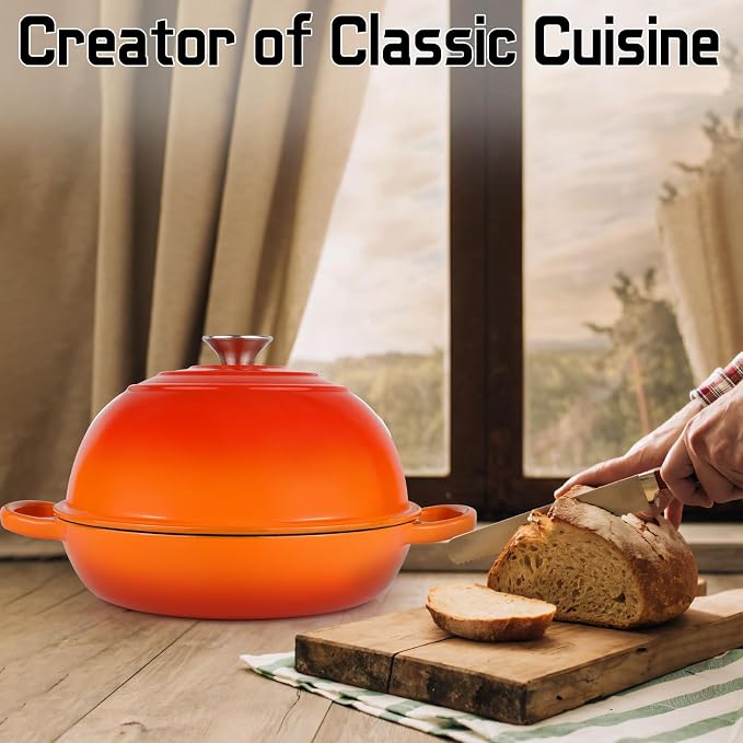 Enameled Bread Oven Dutch Oven Pot with Lid Bread Dutch Oven Orange | for Sourdough Bread Baking, 6 Quarts 10" Cast Iron Bread Pan with Dome Lid, Non-stick Cookware for Homemade Bread