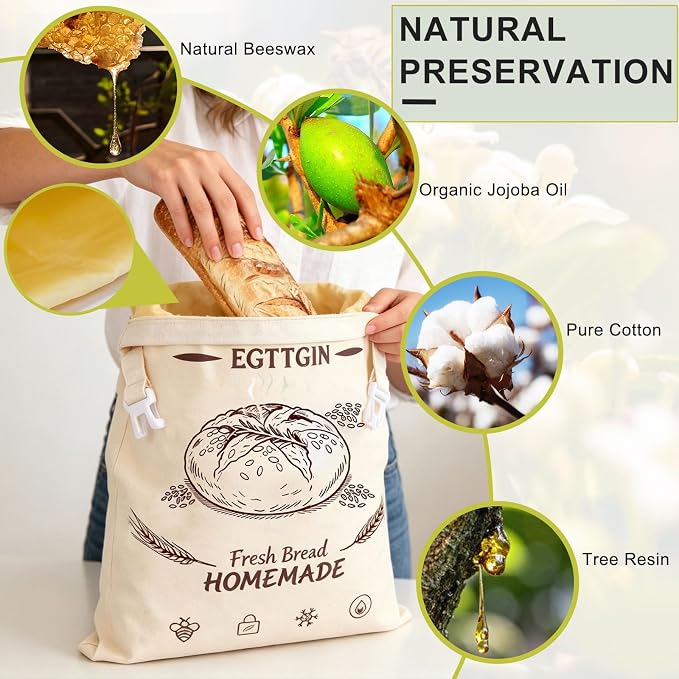 Zippered Beeswax Bread Bags, XL 17"x13" Reusable Organic Cotton Cloth Storage Bags for Homemade Sourdough Loaves, Fresh-Keeping, Freezer-Safe & Eco-Friendly (2 Pack)