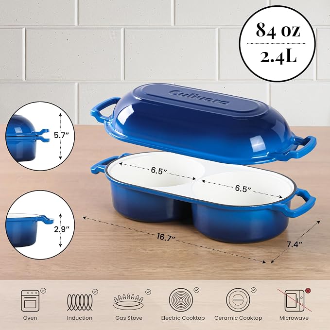 Cast Iron Bread Pan with Lid, Mini Enamel Sourdough Baking Dutch Oven Pot, Double Round Loaf Space for Homemade, Bread, Cake, Meatloaf, 16.5cm Diameter, 500°F Oven Safe, Non Stick, Blue