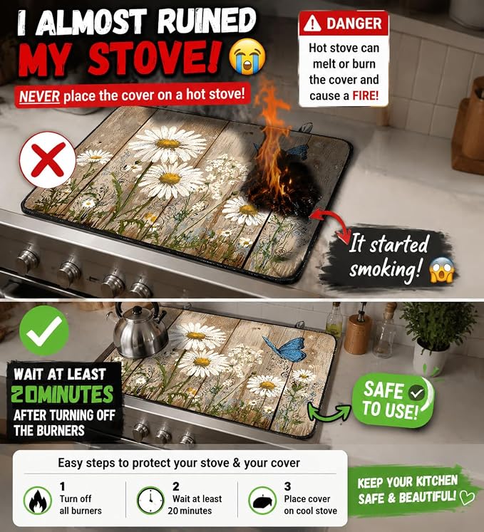 Electric Stove Top Cover for Glass Top, Daisy Butterfly Floral – Heat Resistant Flat Stove Top Covers, Decorative Scratch Protector Mat for Glass Ceramic Cooktop, Non-Slip, 28"x20"