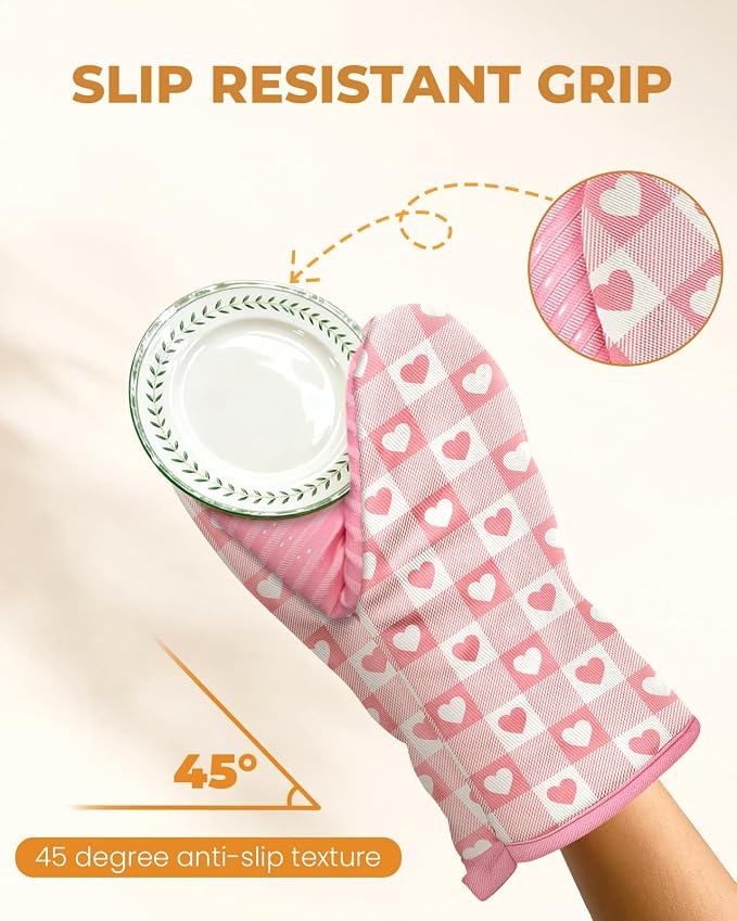 100% Thick Cotton Mini Oven Mitts Silicone Grip Girly Pink Heart | Girly Cute Oven Mitts for Women, Machine Washable, Non-Slip, Reversible Design Fits Both Hands, Stylish Kitchen Decor