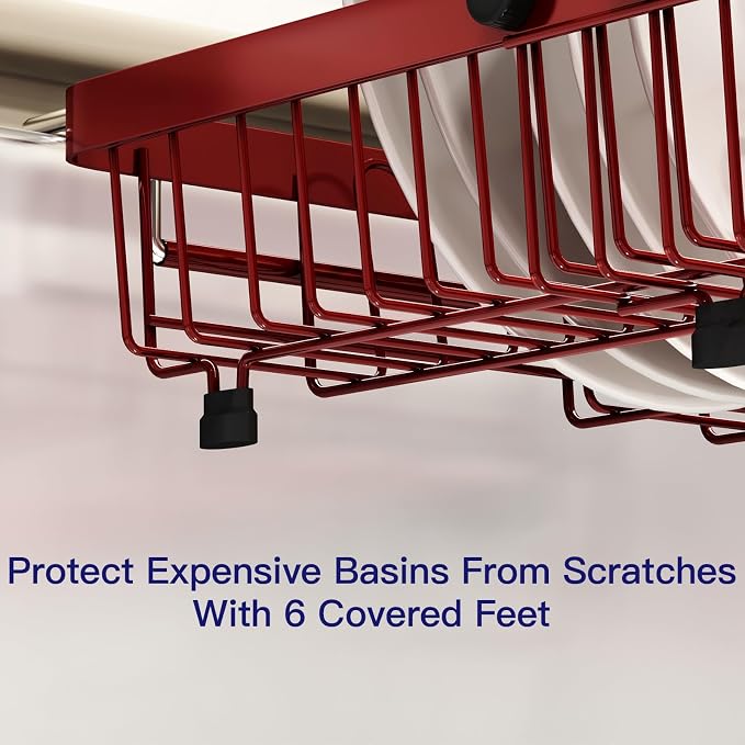 Red Dish Drying Rack Over The Sink with Utensil Holder | Expandable Stainless Steel Dish Drainer for Small Kitchen, Apartment, RV, Counter Space Saving, Perfect Fit, Rustproof