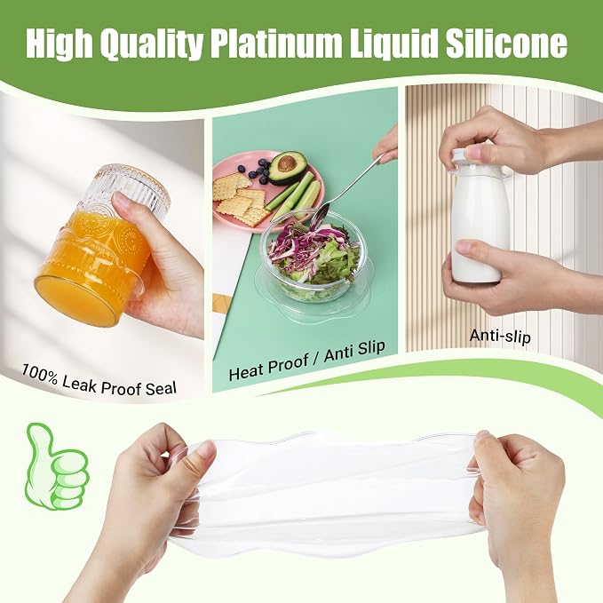 Silicone Stretch Lids for Food Storage in Fridge, Reusable Elastic Bowl Covers for Cup, Cans, Jars, Round & Rectangle Container, Food Grade Silicone Microwave Food Cover, Heat-Resistant, Transparent
