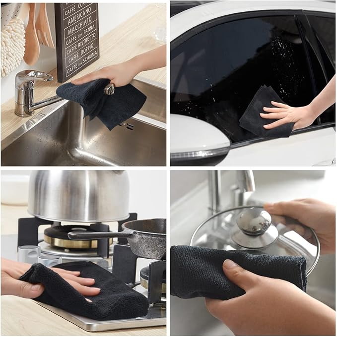 Dish Cloths for Washing Dishes with Scrub Side, Microfiber Dish Rags | Dual-sided microfiber dish cloths with scrubber for stuck-on food, quick dry kitchen washcloths 10 Pack, 12 Inch Black