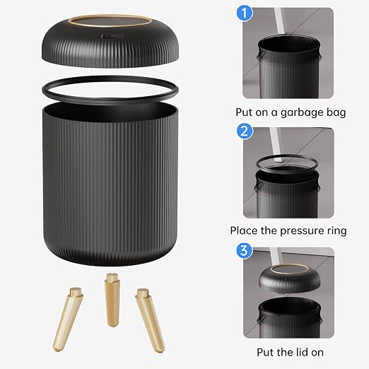 URALFA Motion Sensor Trash Can Bathroom, 3 Gal Automatic Trash Can with Lid | Touchless Sensor Garbage Can with Removable Legs, Smart Waterproof Trash Bin for Bedroom, Office, Restroom, Black and Gold