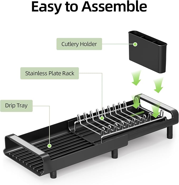 TOOLF Small Dish Drying Rack, Expandable and Space-Saving, Matte Black | Mini Dish racks for kitchen counter, Compact Design Fits Sink or Counter, Stainless Steel Plate Rack, 11"-19.3"L×7.7"W×3.54"H