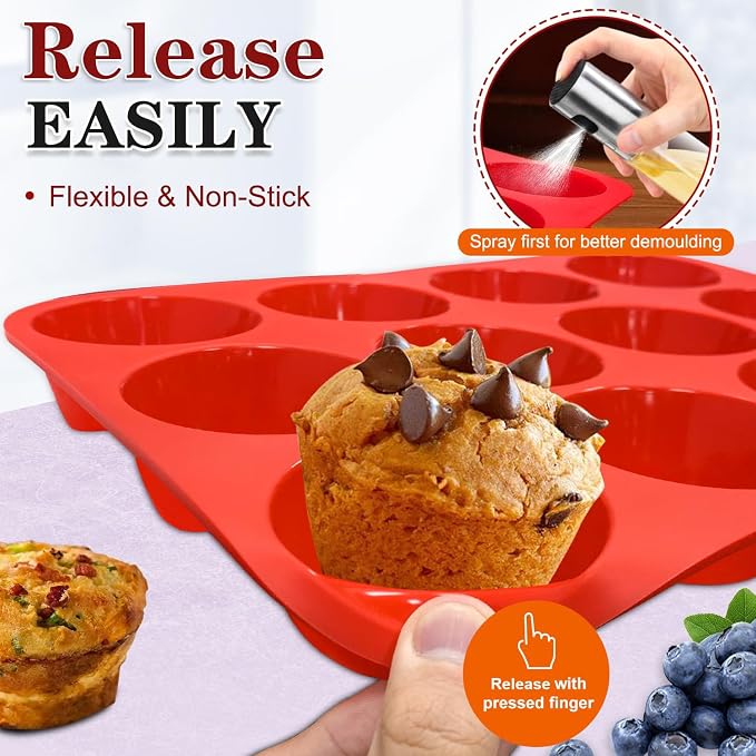 Walfos Muffin Pan Set - 12 Cups Regular Silicone Cupcake Pan, Non-stick and BPA Free, Great for Making Muffin Cakes, Tart, Fat Bombs - Dishwasher Safe, 2-Piece