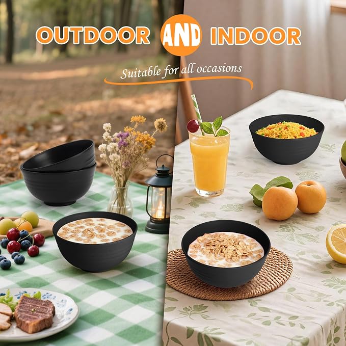 Cereal Bowl Set, Wheat Straw Bowls for Kitchen, Unbreakable Lightweight Bowl Set of 8, Microwave and Dishwasher Safe Bowls, Reusable Bowl for Serving, Cereal, Snack,Fruit(Black, 26 OZ)