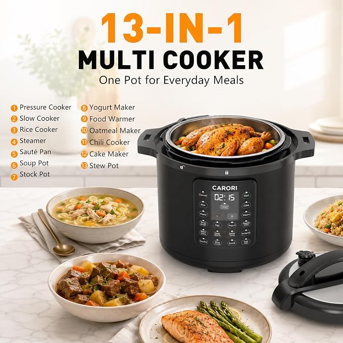 CARORI 8Qt 12-in-1 Electric Pressure Cooker, 1200W, Quick Meals, Time-Saving, Healthy, Easy Cooking Appliance, Slow,Rice,Steamer, Sauté, Yogurt Maker, Warmer & Sterilizer,Safer Venting Design, Black