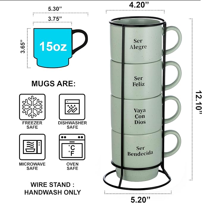 Signature Housewares Stackable Coffee Mug Tower Set with Metal Wire Rack - 15 Ounce Coffee Mugs for Coffee, Tea, Cocoa, Milk, Cappuccino, Hot Chocolate Set of 4 - Spanish Bendecida Blessed