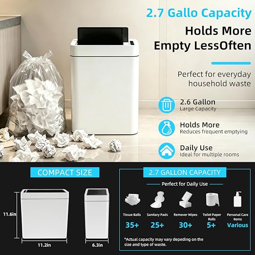 2.7 Gallon Slim Bathroom Touchless Trash Can, Automatic Smart Trash Can with Air-Press Bag Expander, Sensor Lid Waste Bin for Bedroom, Office & RV, White