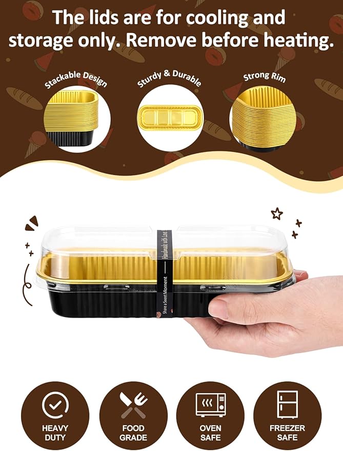 NEEBAKE 150 Pack 6.8 oz Disposable Mini Loaf Pans with Lids and Spoons - 6.5x2.5x1.2 Black Gold Aluminum Loaf Pans, Small Aluminum Tin Foil Baking Pan, Food Containers for Cakes, Bread, Loaves