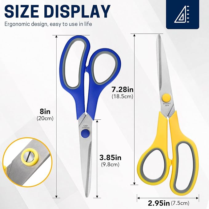 BURVAGY 12 Pack 8" Scissors All Purpose, Heavy Duty Scissors for Office | Scissors Bulk Multipurpose Comfort-Grip Sharp Adult Office Scissors Set Sewing Fabric Stainless Steel Blades, Right/Left Hand