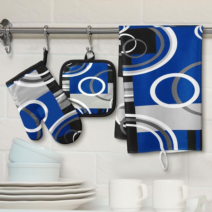 Jingmore 6 Pcs Kitchen Decor Set Accessorie Farmhouse Kitchen Towels Pot Holders Oven Mitts Set 2 Dish Towels 2 Pot Holders 2 Cooking Mittens Oven Glove for Cooking(Blue and Black,Geometric)