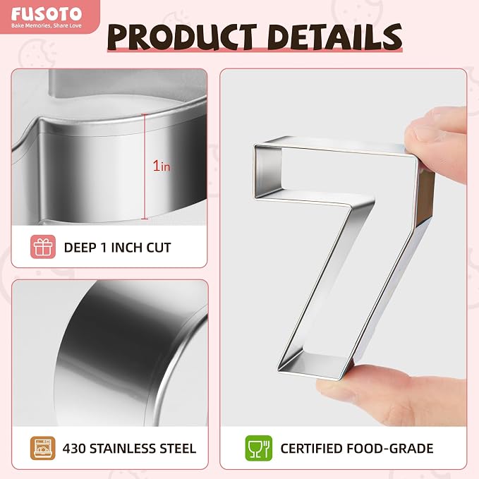 FUSOTO 9PCS Number Cookie Cutters Set, 4 Inches Number 0-8(6 Reverses to 9) | DIY Alphabet Cake&Cookie, Stainless Steel Cookie Cutters for Baking, Letters Shaped Baking Tool for Homemaking Cookie, Dough
