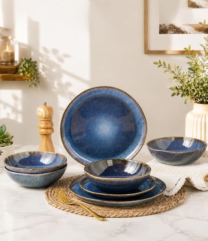 AmorArc Ceramic Dinnerware Sets for 4, 12Pcs Plates and Bowls Sets Dishes | Stoneware Handmade Reactive Glaze Dinner Set, Highly Scratch Resistant | Dishwasher & Microwave Safe Dishware