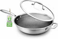 NutriChef 12" Stainless Steel Durable Wok - Triply Kitchenware Wok with Glass Lid, Side Handle - DAKIN Etching Non-Stick Coating, Scratch-resistant Raised-up Honeycomb Fire Textured Pattern