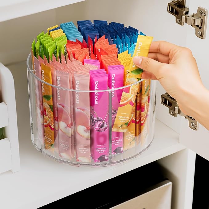 2-Pack Divided Drink Packet Organizer, Rotating Turntable Organizer | Spinning Powdered Drink Mix Holder, Clear Lazy Susan Turntable, Divided Water Drink Packet Storage Organizer