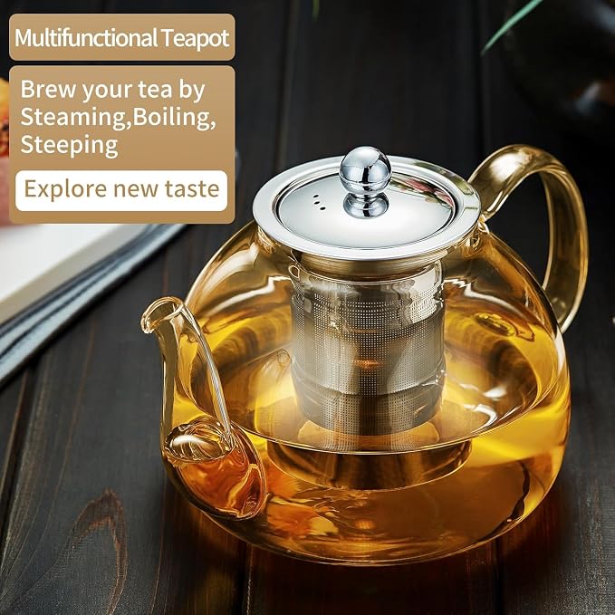 DOPUDO 40OZ (1200ML) Glass Teapot with Infuser Stovetop Safe, Clear Glass Tea Pot Kettle, Borosilicate Tea Pot with Infusers Filter for Loose Tea, Tea Kettle Dishwasher Safe (Champagne)