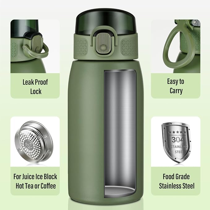 Insulated Water Bottle 12 oz with Dustproof Lid, Carry Handle & Tea Infuser, BPA-Free & Leakproof, Stainless Steel Water Bottles Ideal for Fitness, Hiking, Office & Outdoor Use （Olive Green ）