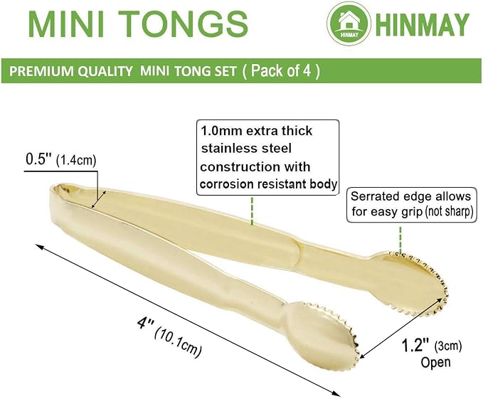 HINMAY Gold Plated Mini Serving Tongs 4-Inch Sugar Cube Tongs, Set of 4 | Stainless Steel Small Ice Tongs for Serving, Tea Party, Coffee Bar, Desserts