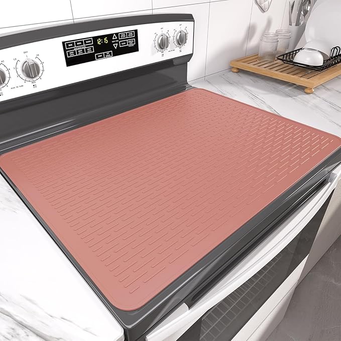 Stove Top Cover for Electric Stove- Range Covers for Electric Stove,Silicone XXL Dish Drying Mat, Glass Cooktop Covers, Flat RV Range top Mats (Rosy, 28"x20")