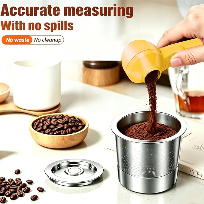 2-in-1 Coffee Scoop with Funnel, 2 Tbsp Measuring Spoon for Reusable K Cups, Ground Coffee, Protein Powder & Tea, Mess-Free Plastic Design（Yellow-1pack）