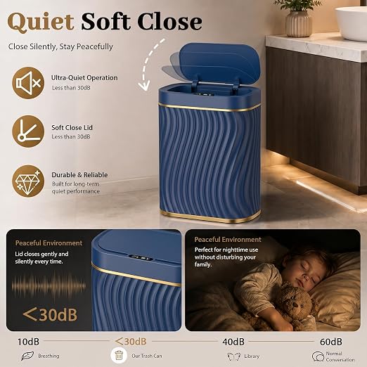 2.6 Gallon Automatic Bathroom Trash Can with Touchless Lid, Blue Gold | Motion Sensor Trash Can with Slim Waterproof Body; Small Plastic Garbage Can, hands-free lid for Bedroom, office, and kitchen