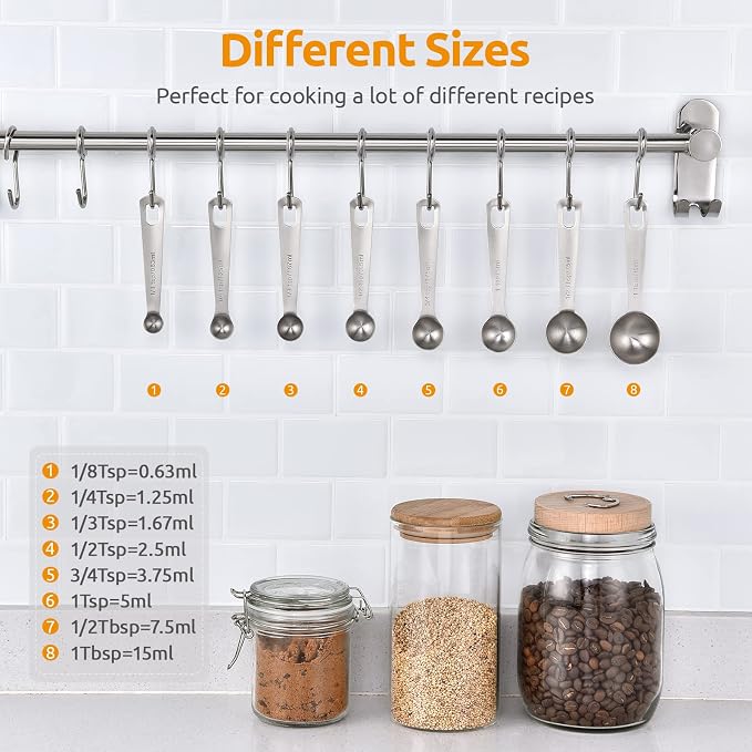 U-Taste 18/8 Stainless Steel Measuring Spoons Set of 8, Teaspoon Tablespoon | Kitchen Metal Measure Spoon Set, 1/8tsp, 1/4tsp, 1/3tsp, 1/2tsp, 3/4tsp, 1tsp, 1/2tbsp, 1tbsp for Dry & Liquid Ingredients
