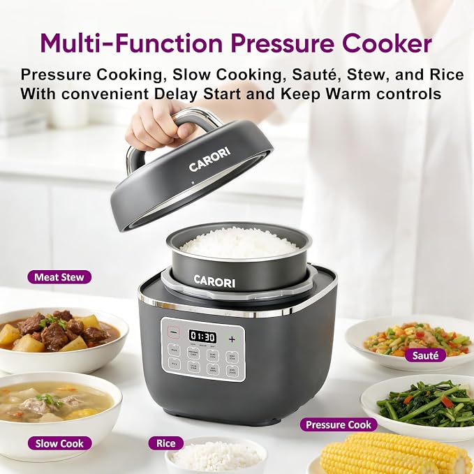Carori 8-in-1 Electric Pressure Cooker, Compact 3 QT All-in-1 Multi-Cooker with Ceramic Pot, Saute, Slow Cook, Rice, Stew, Delay Start, Keep Warm & Safe Vent, Gray