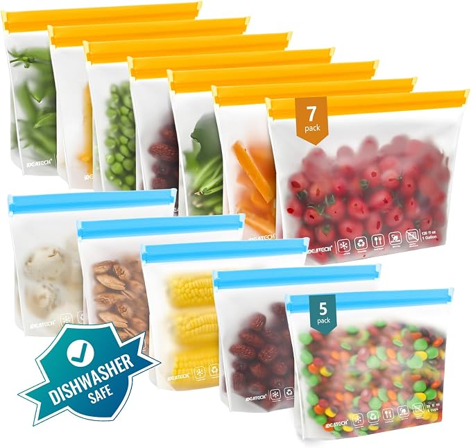 IDEATECH Reusable Bags for Food, Snack, Sandwich Storage, Dishwasher Safe & Leakproof Freezer Bags, Large Gallon & Quart BPA Free Reusable Baggies for Marinate Meats, Lunch, Trave(12Pack, Colored)