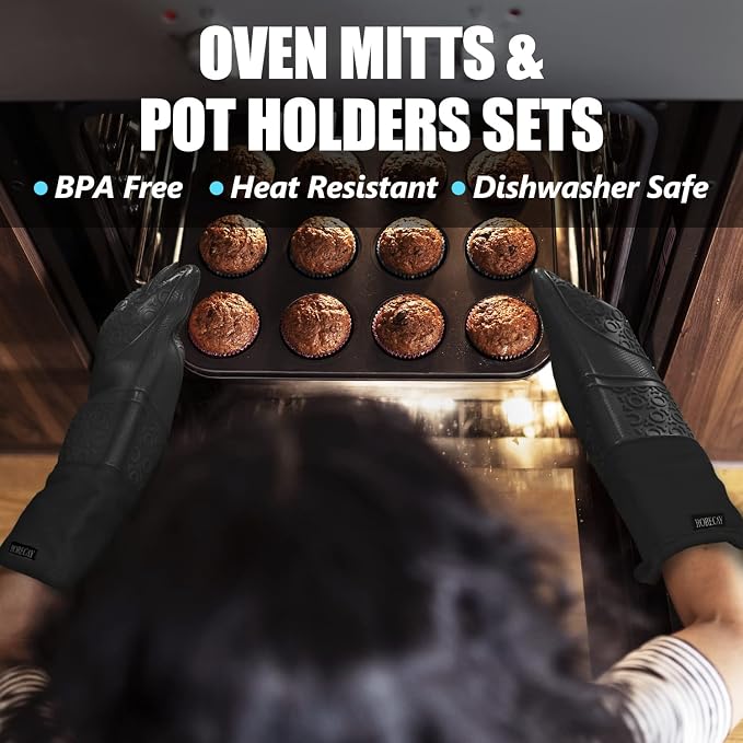 RORECAY Silicone Oven Mitts and Pot Holders Sets, Gloves for Kitchen, Black | Set of 6 Kitchen Mitts for Baking & Cooking, Heat Resistant 500 ℉, 15" Extra Long, Non-Slip & Waterproof, Quilted Cotton