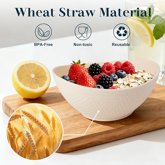 Wheat Straw Bowls Set of 4, Unbreakable Cereal Bowl 26 OZ, Microwave & Dishwasher Safe Kitchen Bowl for Ramen, Salad, Oatmeal, Rice, Plastic Bowls Reusable for Camping - Beige