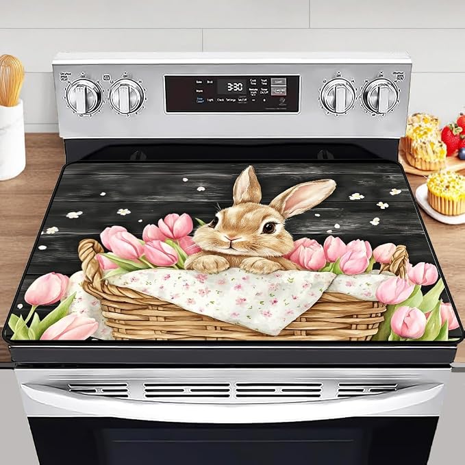 Easter Bunny Electric Stove Top Cover Protector,Rustic Flower Basket Stove Top Covers for Gas Burners,Pink Tulips Cooktop Mat for Ceramic Glass Cooktop Protector,Glass Top Stove Cover