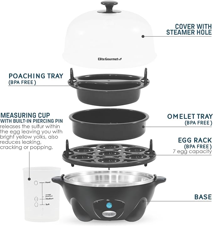 Elite Gourmet EGC710DKG Rapid Egg Cooker, 7-Egg Poacher/Omelet Maker, Ash | Easy-to-peel hard, medium, or soft-boiled eggs - auto shut-off, alarm, 16-recipe booklet included - BPA-free construction