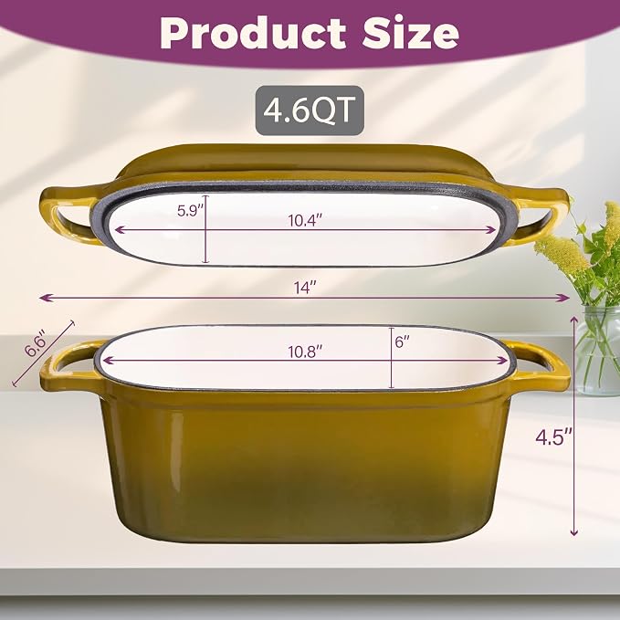4.6-Quart Oval Dutch Oven for Bread Baking, 2 in 1 Cast Iron Bread Pan with Lid, Sourdough Baking Pan for a Crispy Crust, Olive