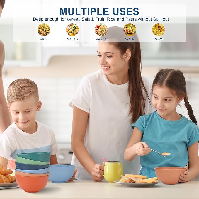HOTEC 12-PACK BPA Free Unbreakable Plastic Cereal Bowls - Microwave & Dishwasher Safe Soup Salad Camping Bowls, 26OZ, Multicolor