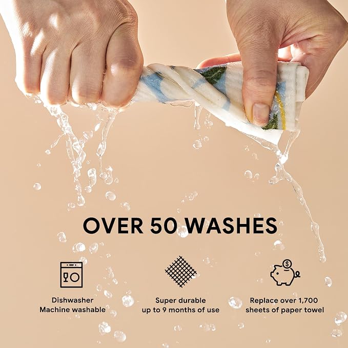 RECYCO Swedish Dishcloths for Kitchen | 5 Pack Daisy Dreams Washable Dish Rags | Cellulose Reusable Cleaning Paper Towels | Absorbent Counter Dish Cloth Sponge Kitchen Wipes, 8" L x 7" W