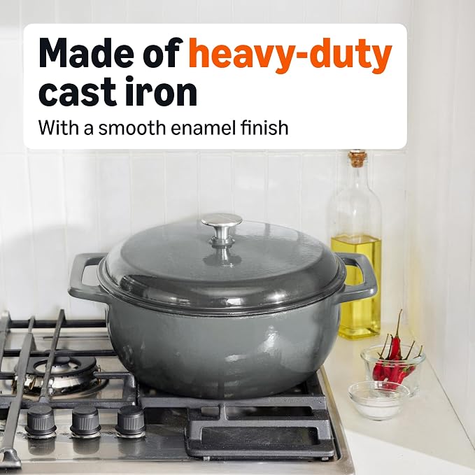 Amazon Basics Enameled Cast Iron Dutch Oven Pot with Lid, Round, Dual Handles, Heavy-Duty, Oven Safe for Stews, Roasting, Baking, 7.3-Quart, Gray