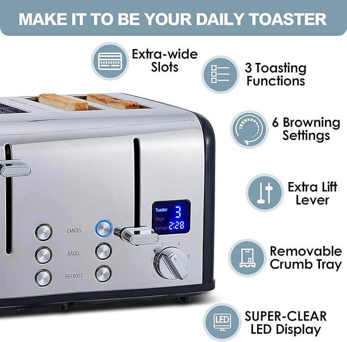 CUSIMAX 4 Slice Stainless Steel Toaster with Digital Display, Black | LED Display with Countdown Timer, 6 Browning Levels, Bagel/Defrost/Cancel, Dual Independent Controls, 1.5" Extra Wide Slots