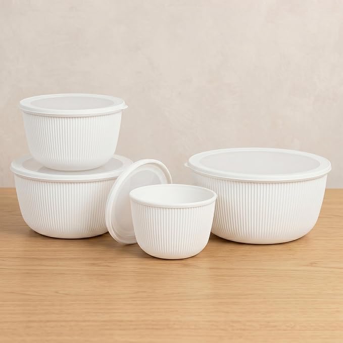 BoxedHome Plastic Mixing Bowls with Lids Set,4.97QT Large Capacity Deep Nesting Bowl,8 Pieces Set BPA-Free Prep Bowls,Dishwasher & Microwave Safe,Beige