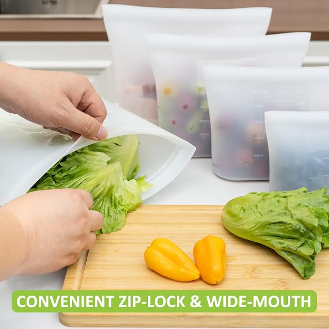 100% Silicone Reusable Storage Bag, 9 Pack Stand-Up Wide-Mouth Zip-Lock Food Storage Bags, Easy-Fill Easy-Open Easy-Clean Space-Saving, Microwave & Dishwasher Safe, 1 XL/3 L/1 M/3 S/1 XS, Translucent