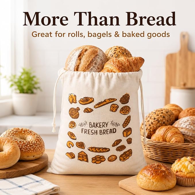 2 Pack Reusable Cotton Bread Bags for Homemade Bread, 16 x 12 Inch Drawstring Bread Storage Bags, Washable Cloth Bags for Sourdough Loaves, Baguettes, Bakery Bread, Rolls, Pastries and Produce