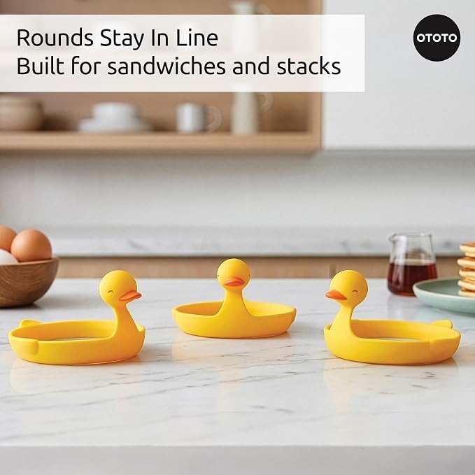 OTOTO Egg Rings 3 Pack - Silicone Egg Separators with Duck Holders, Egg Circle Mold Set, Egg Ring for Sandwiches, Pancake Molds & Fried Eggs, Unique Kitchen Gadgets, Fun Gifts (Sunny Side Duck)