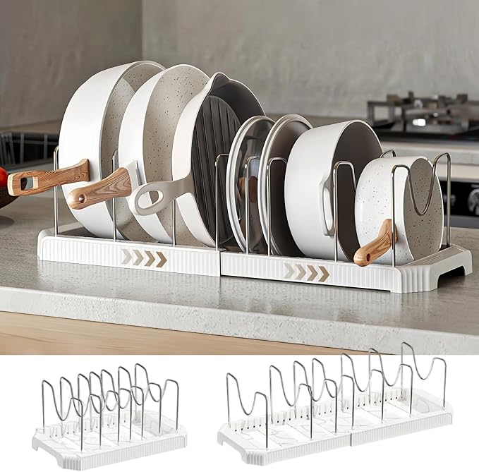 Expandable Pot and Pan Organizer Rack for Kitchen Cabinet or Under Sink, Adjustable Lid Holder with 7 Dividers, Space-Saving Storage for Renters, Small Homes, and Busy Cooks, White