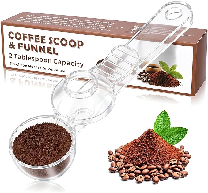 2-in-1 Coffee Scoop with Funnel, 2 Tbsp Measuring Spoon for Reusable K Cups, Ground Coffee, Protein Powder & Tea, Mess-Free Plastic Design（Transparent-1pack）