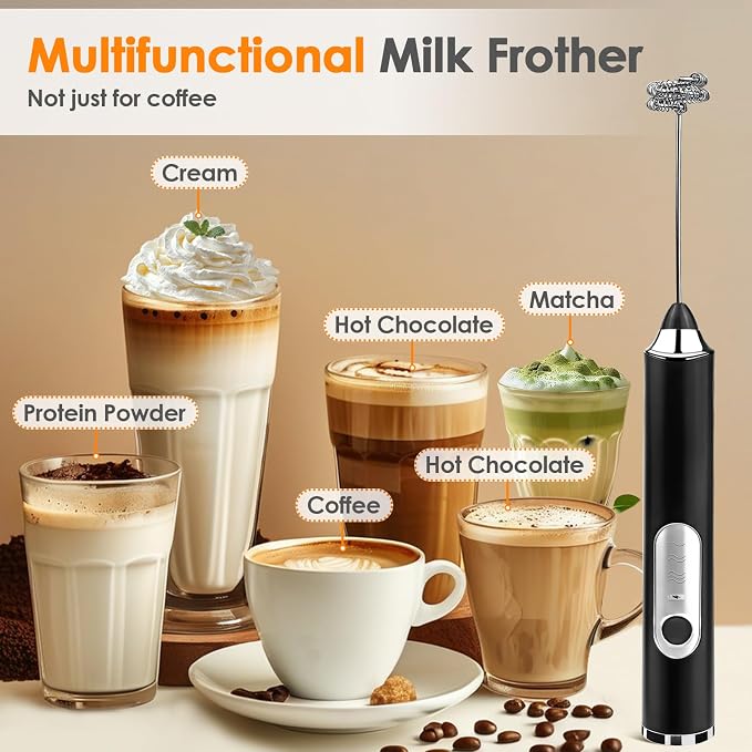 Milk Frother Handheld, Rechargeable Coffee Frother Wand, Drink Mixer, Black | Electric Foam Maker with 2 Stainless Whisks 3 Speeds, Hand Mixer for Lattes, Cappuccino, Matcha, Egg