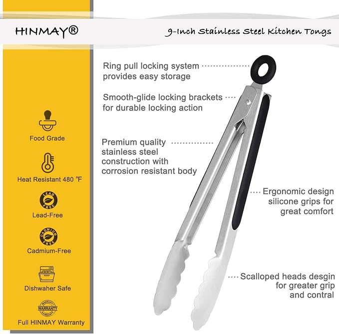HINMAY Stainless Steel Kitchen Tongs 9-Inch Cooking Tongs, Set of 3